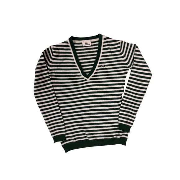 Lacoste Sweaters - Lacoste Green White Striped Wool V-Neck Sweater Women’s 36/S Preppy Old Money